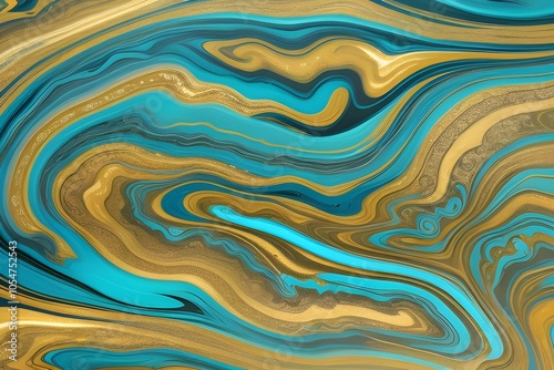 Abstract marble background with a glossy finish and vibrant colors of blue, gold, and turquoise textures
