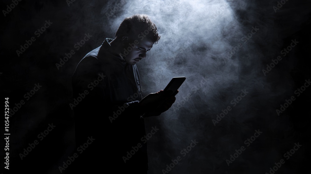 Young Man Engaged in Digital Learning on Tablet in Dark Room with Dramatic Lighting and Smoke Effects Young Man Engaged in Digital Learning on Tablet in Dark Room with Dramatic Lighting and Smoke Effects