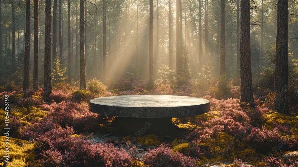 Stunning Podium for Product Presentation in Serene Forest Setting with Sunlight Filtering Through Trees Stunning Podium for Product Presentation in Serene Forest Setting with Sunlight Filtering Through Trees