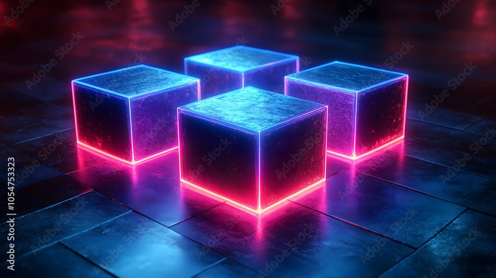 3D render of abstract geometric blocks on a black background, neon blue and pink lights, cyberpunk style, metallic textures, glowing edges, high contrast, dramatic shadows, futuristic aesthetic 3D render of abstract geometric blocks on a black background, neon blue and pink lights, cyberpunk style, metallic textures, glowing edges, high contrast, dramatic shadows, futuristic aesthetic