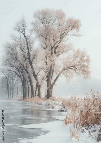 Snowy winter landscape featuring barren trees and a peaceful riverbank