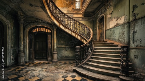 A grand, decaying staircase in an abandoned building, showcasing faded elegance and history.