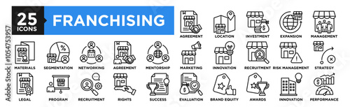 Franchising icon collection set. Containing design business, franchise, marketing, retail, management, store, investment