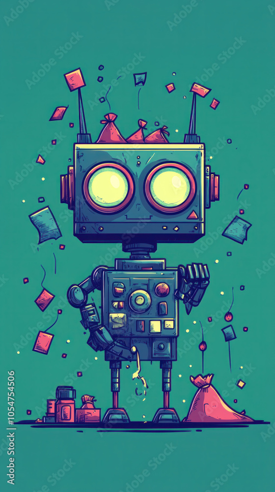 A robot is standing in front of a pile of bags and boxes. The robot is holding a bag in its hand. The image has a playful and whimsical mood, with the robot appearing to be in a fun A robot is standing in front of a pile of bags and boxes. The robot is holding a bag in its hand. The image has a playful and whimsical mood, with the robot appearing to be in a fun