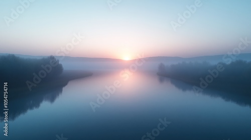 A tranquil lake reflecting a sunrise over a misty forest landscape.