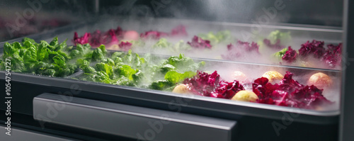 A tray of vegetables is steaming in a kitchen. The vegetables include broccoli, carrots, and potatoes