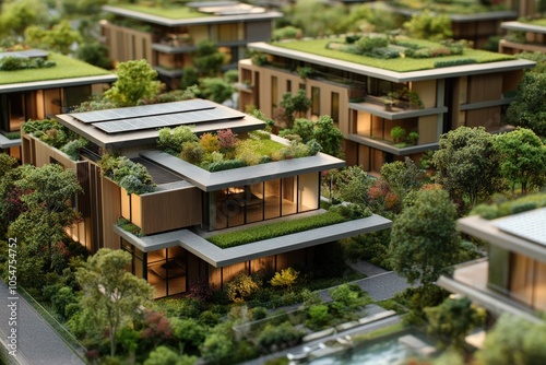 A sustainable residential complex consisting of multiple low-rise buildings.