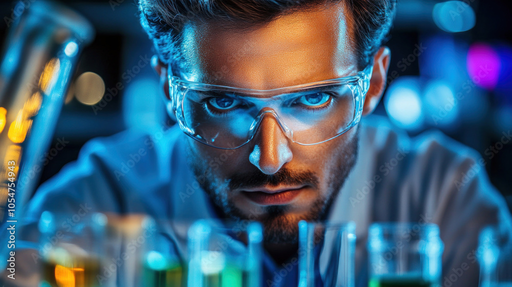 A man wearing a lab coat and goggles is looking at a beaker of green liquid. Concept of scientific curiosity and experimentation A man wearing a lab coat and goggles is looking at a beaker of green liquid. Concept of scientific curiosity and experimentation