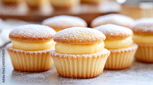 Delicious lemon bar cookie cups. The cookies have delicate layers and crimped edges dusted in fine sugar powder. They feature a soft yellow filling brimming inside each cup.  photo