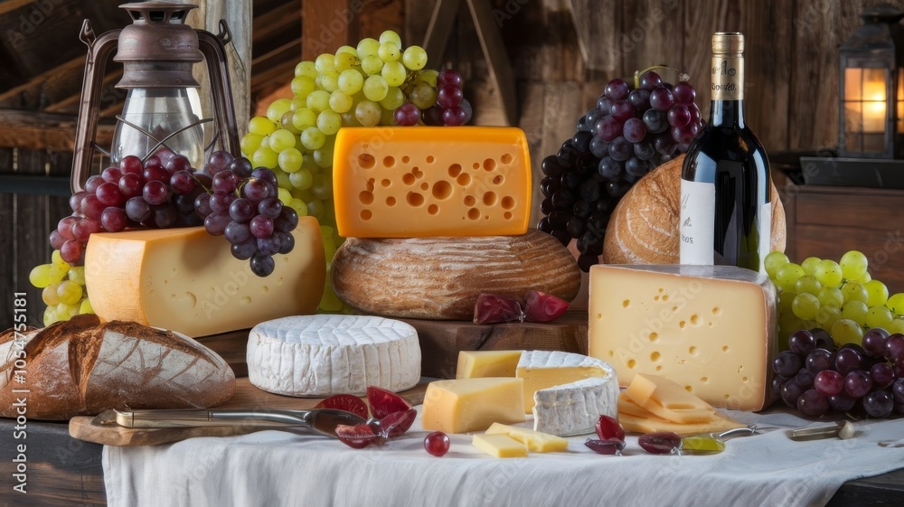 Cheese, grapes, bread, and wine on a table, perfect for the annual Tequisquiapan fair Cheese, grapes, bread, and wine on a table, perfect for the annual Tequisquiapan fair
