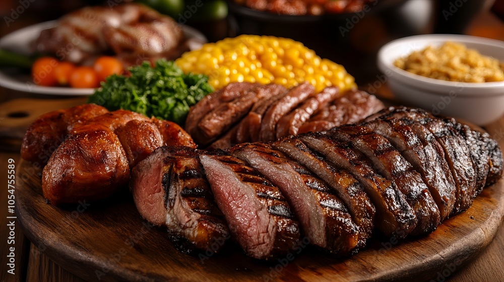 Close up of a delicious grilled steak dinner with corn on the cob, sausage, and other sides. Close up of a delicious grilled steak dinner with corn on the cob, sausage, and other sides.