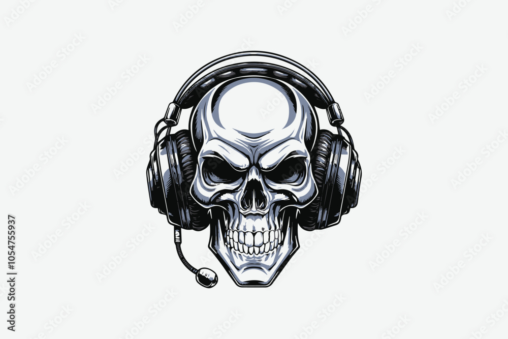 Skull with headset vector illustration on a white background, hand drawing, easily editable file, t-shirt print, Skull with headset vector illustration on a white background, hand drawing, easily editable file, t-shirt print,