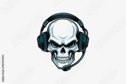 Skull with headset vector illustration on a white background, hand drawing, easily editable file, t-shirt print,