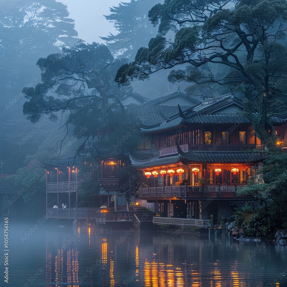 Obraz premium Tranquil Misty Evening at Traditional Asian Lakeside House with Lanterns and Reflections