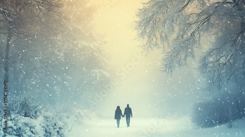 Couple Walking Hand in Hand in Snowy Forest Setting