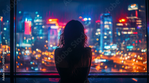 woman stands in the background, gazing at a vibrant celebration filled with lights and joyful moments. This scene embodies reflection, connection, and the beauty of shared experiences