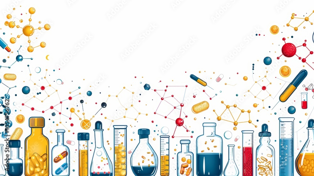 Health and Medical Frame Border Background with Laboratory Equipment and Molecular Structures Health and Medical Frame Border Background with Laboratory Equipment and Molecular Structures