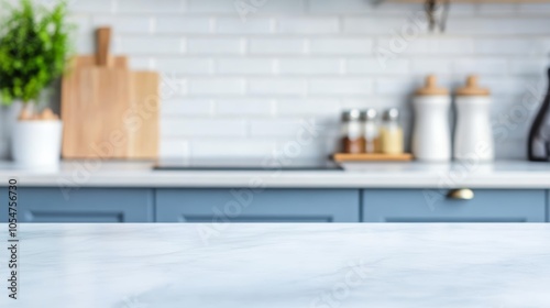 empty marble countertop in scandinavian style kitchen with blue furniture