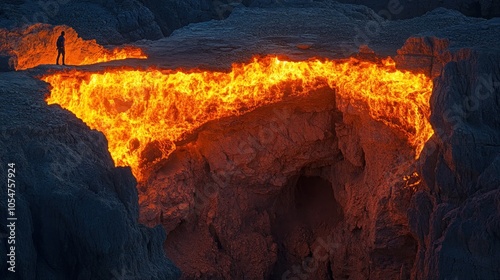 A lone figure stands at the edge of a fiery chasm, a natural gas fire burning brightly in the darkness.