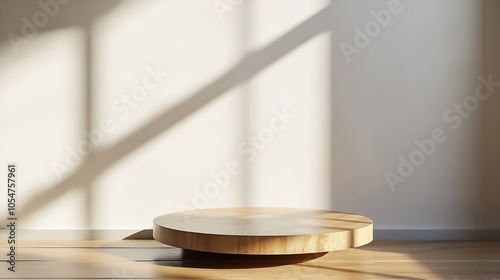 Warm Wooden Platform in Sunlit Room with Soft Elegant Shadows : Generative AI