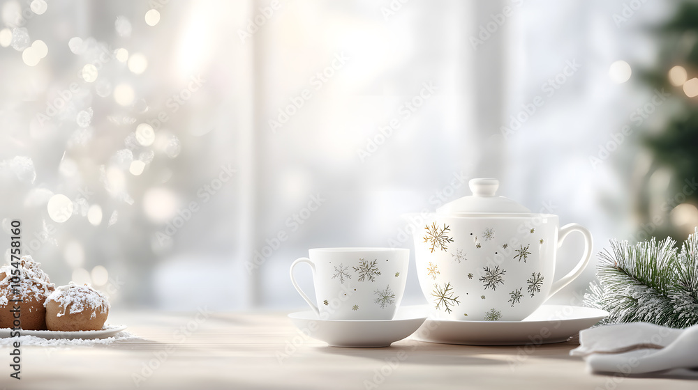 Fototapeta premium Delicate snowflake designs adorn a charming christmas tea set in elegant china for festive gatherings and cozy moments