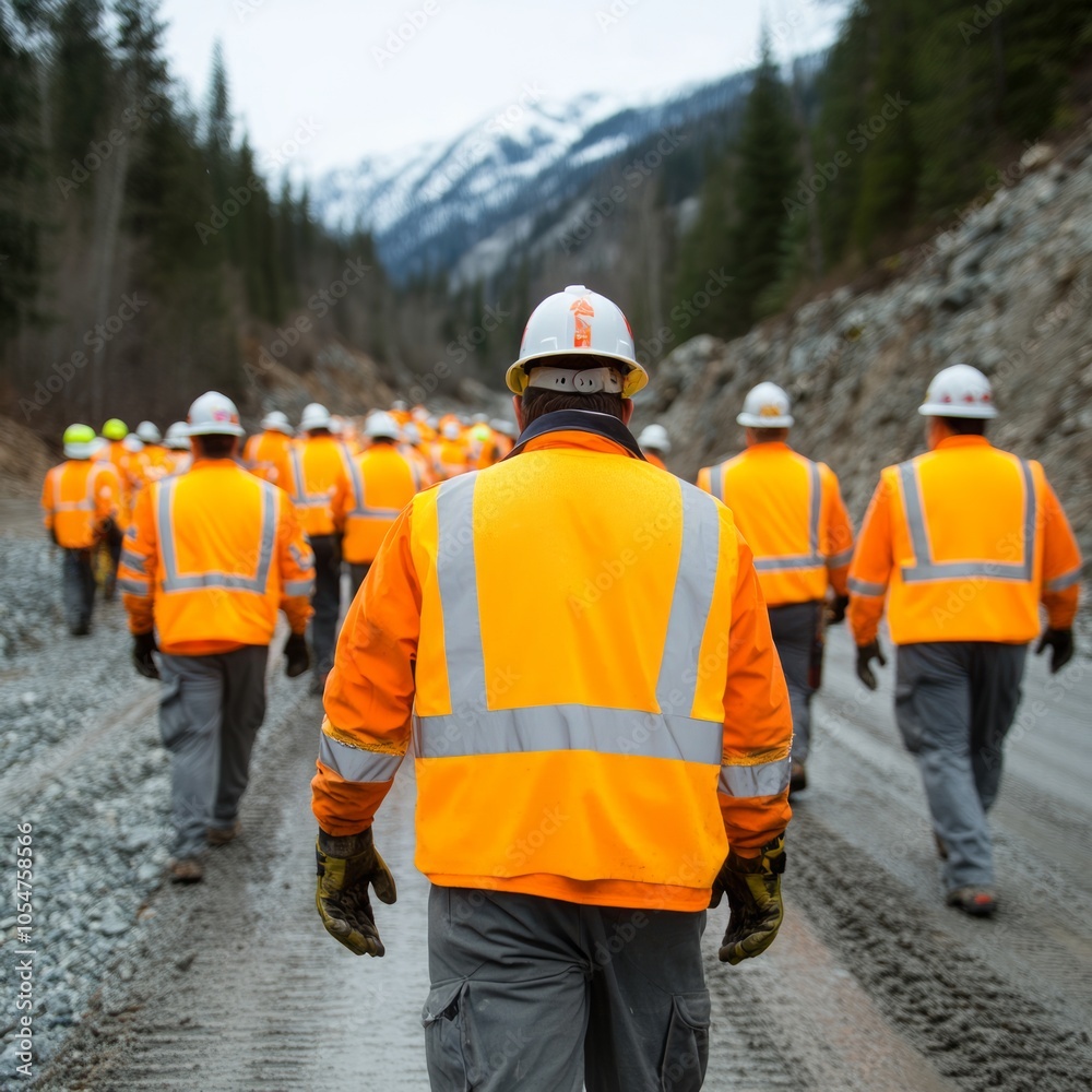 A group of workers in bright safety gear walking on a construction site. A group of workers in bright safety gear walking on a construction site.