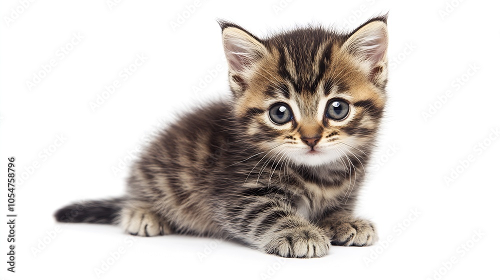 Adorable Tabby Kitten with Stripes on a White Background Looking Curious and Cute : Generative AI