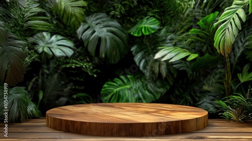 Wooden Podium Surrounded by Lush Tropical Rainforest Ideal for Product Presentation and Display