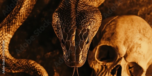 Menacing Cobra Rearing Up Beside Skull on Dark Gold Background