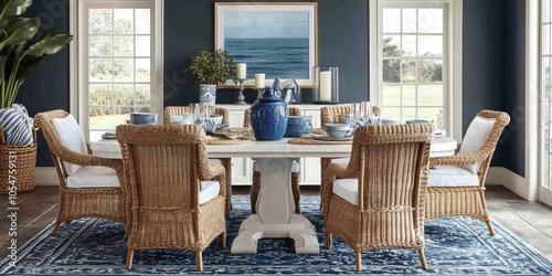 Coastal Dining Room Decor: Wicker Chairs and Blue and White Accents