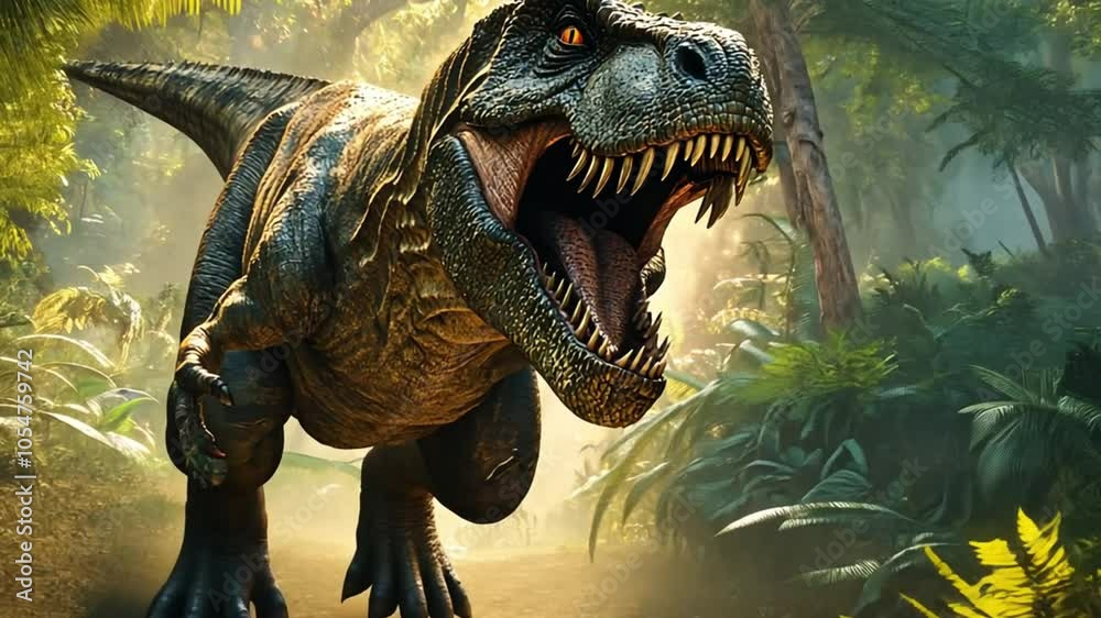 t rex dinosaur in the jungle, footage, 4k footage, videos, video clip, slow motion, video wallpaper, animation, 4k