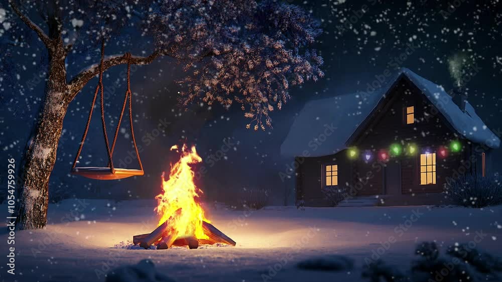 animation view of the bonfire in front of the house with a tree with a swing at night when it snows. 