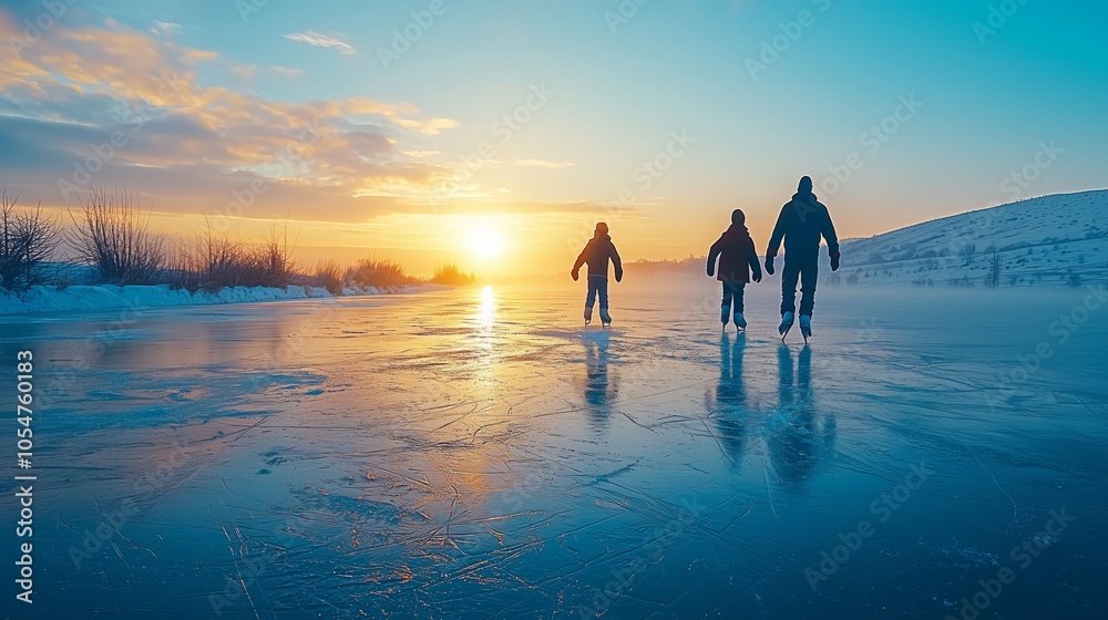 Fototapeta premium Joyful Family Ice Skating on Frozen Pond in Winter