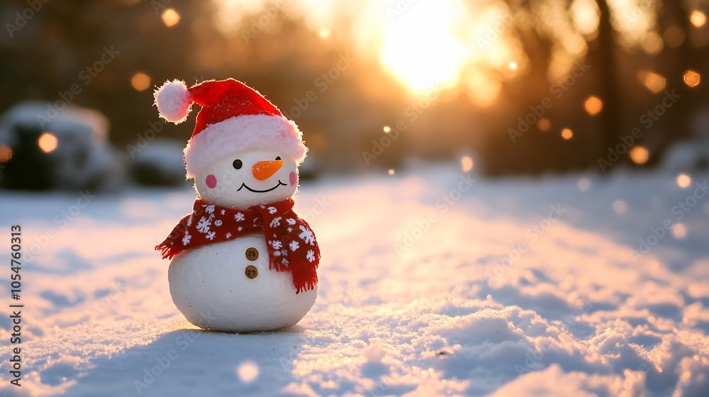 Obraz premium Cute Snowman with Red Santa Hat in Glowing Winter Sunset Landscape : Generative AI
