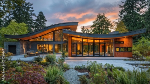 Modern house with a curved roof, large windows, and landscaped surroundings at sunset.