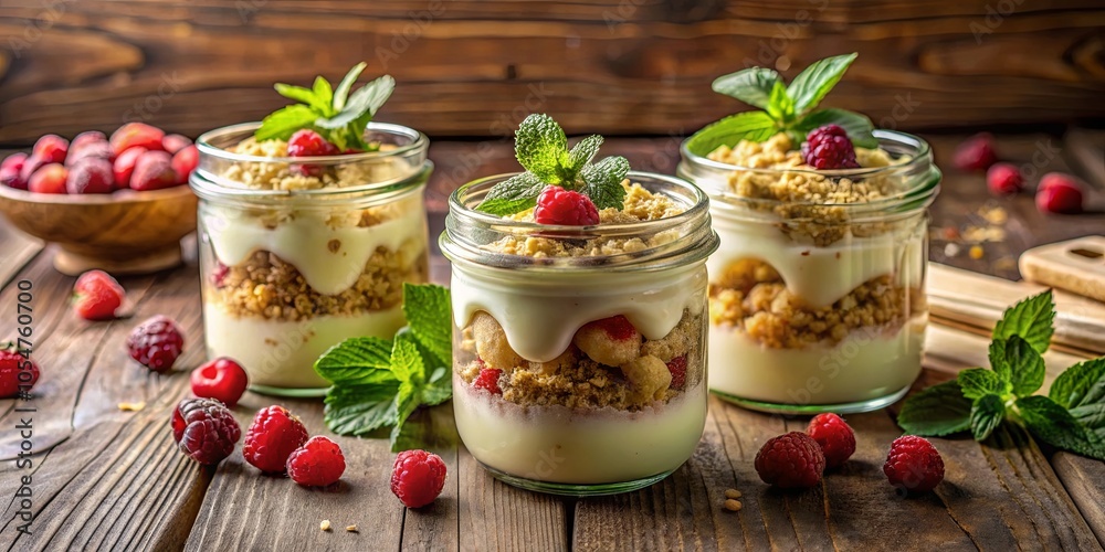Rustic Delights Creamy Layers of Yogurt, Crumble, and Sweet Berries Nestled in Glass Jars on a Weathered Wooden Surface Rustic Delights Creamy Layers of Yogurt, Crumble, and Sweet Berries Nestled in Glass Jars on a Weathered Wooden Surface