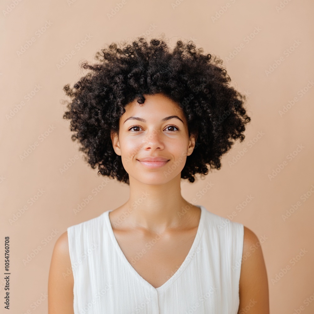A smiling woman with curly hair against a neutral background. A smiling woman with curly hair against a neutral background.