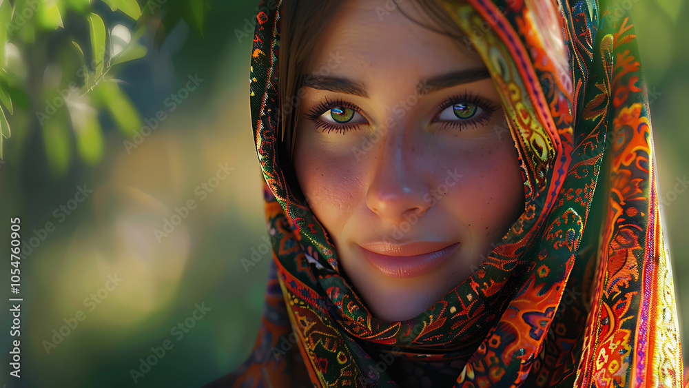 Portrait of a woman with scarf in vibrant sunlight and lush greenery Portrait of a woman with scarf in vibrant sunlight and lush greenery