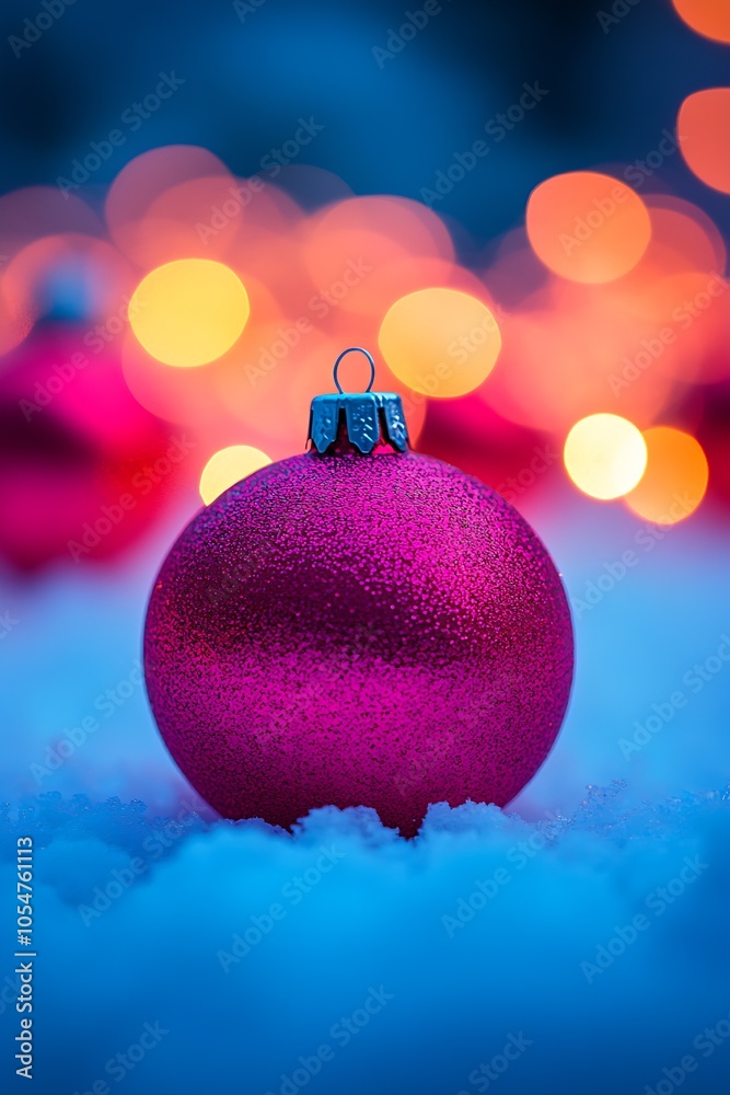 Fototapeta premium Vibrant Pink Christmas Ornament on White Snow with Blurred Holiday Lights : Generative AI