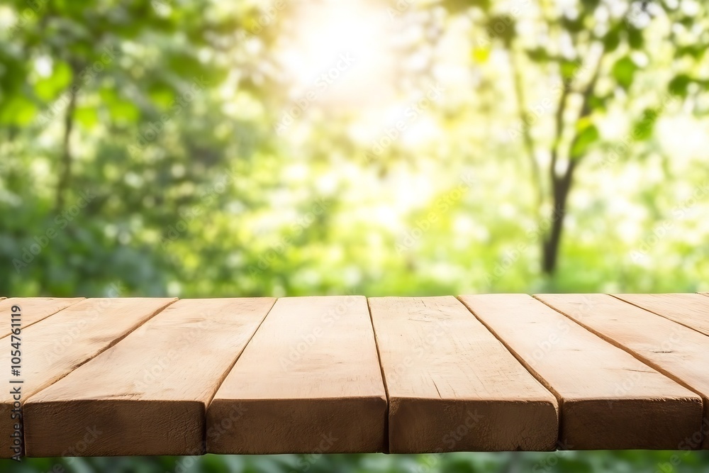 Wooden Plank Surface Overlooking Sunlit Greenery and Bokeh Background : Generative AI Wooden Plank Surface Overlooking Sunlit Greenery and Bokeh Background : Generative AI