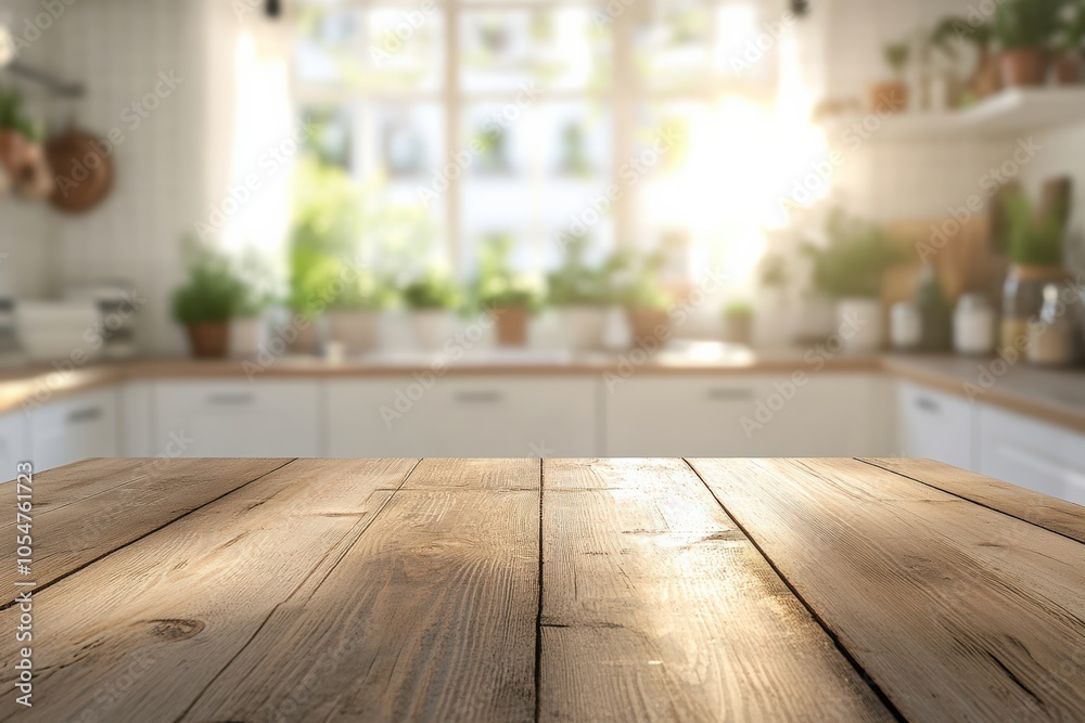 Green Empty wooden table with the bright white interior of the kitchen as a blurred background Green Empty wooden table with the bright white interior of the kitchen as a blurred background