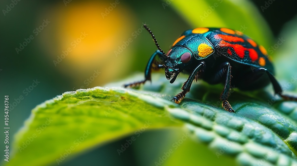 Colorful Ladybug on Green Leaf with Vibrant Red and Yellow Patterns in Nature : Generative AI Colorful Ladybug on Green Leaf with Vibrant Red and Yellow Patterns in Nature : Generative AI