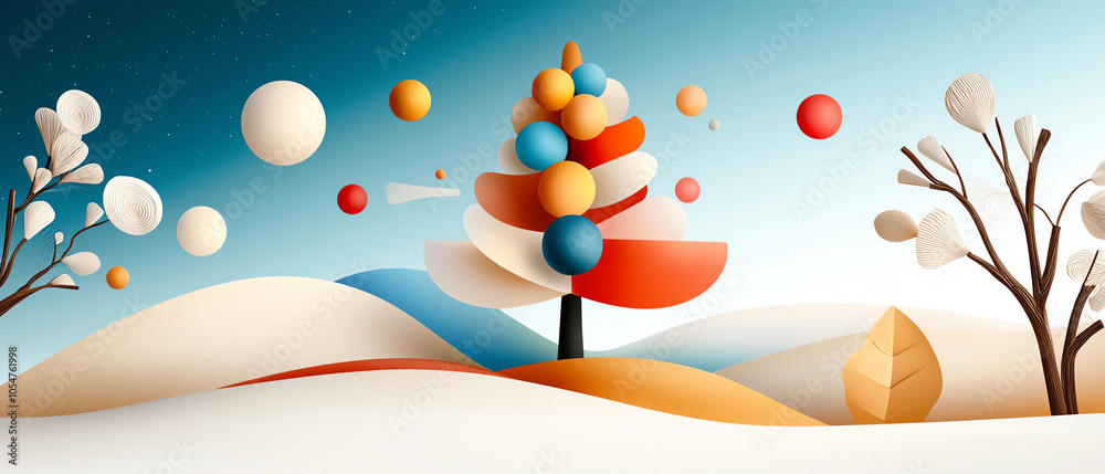 A playful new year greeting card featuring a colorful tree in a whimsical landscape