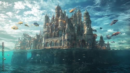 Majestic underwater kingdom building, towering beneath the ocean's surface. Underwater Kingdom. Illustration