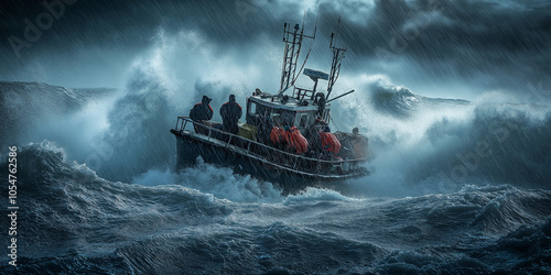 Fototapeta Naklejka Na Ścianę i Meble -  Fishermen facing huge waves on a trawler in a stormy sea