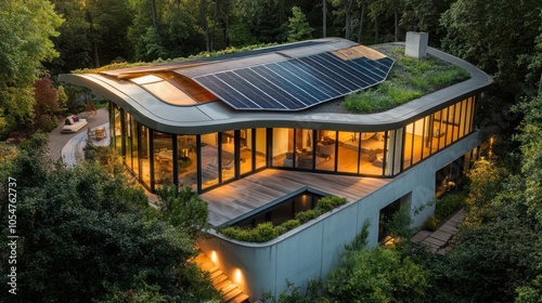 Modern eco-friendly house with solar panels and lush greenery in a forest setting.