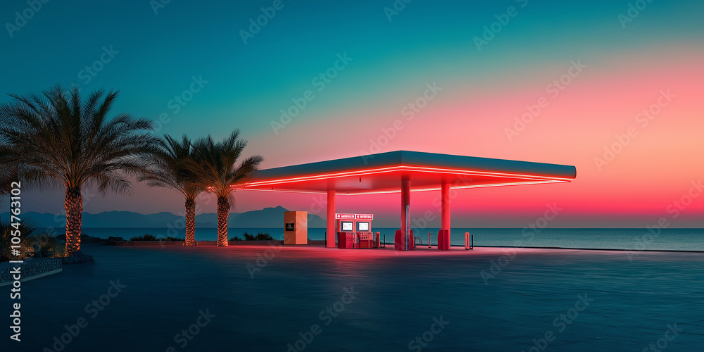 Gas station with neon lights by the sea at sunset with palm trees Gas station with neon lights by the sea at sunset with palm trees