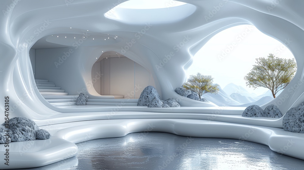Futuristic White Interior with Organic Shapes and Natural Elements in a Modern Architectural Design