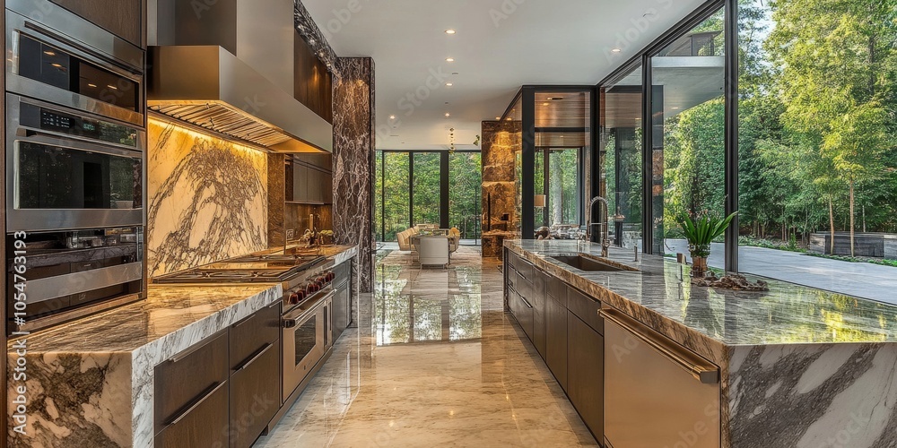 Fototapeta premium Modern Kitchen Design with Marble Countertops and Large Windows