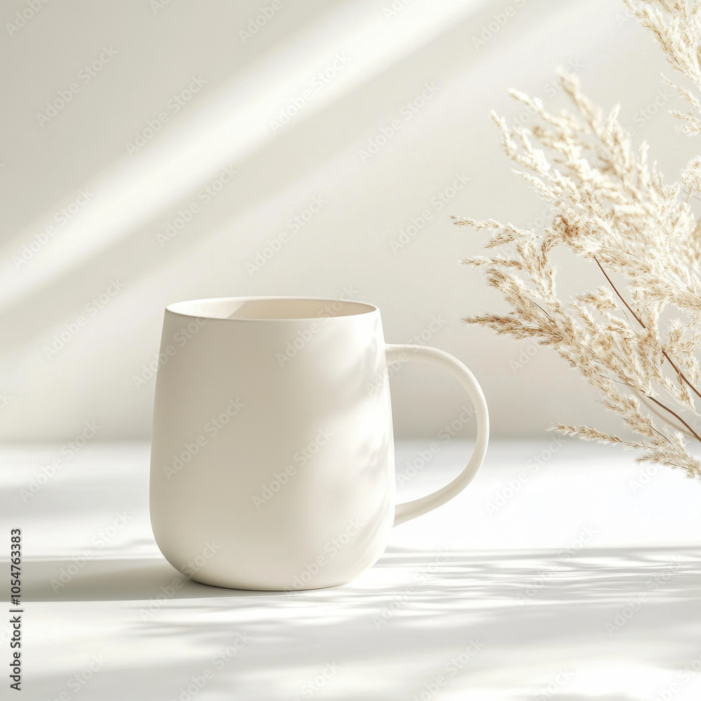 A minimalist white mug sits on a surface, accompanied by dried plants, illuminated by soft natural light. A minimalist white mug sits on a surface, accompanied by dried plants, illuminated by soft natural light.